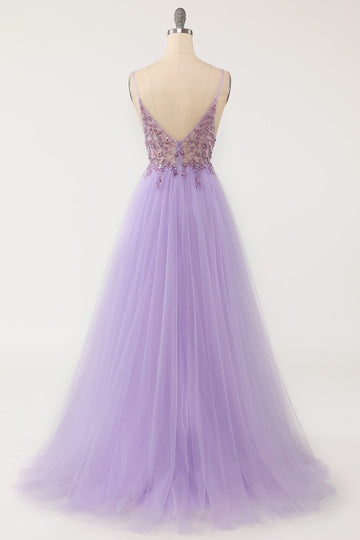 Lilla beaded Tulle Lang Prom Dress